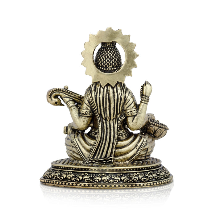 Saraswati Sitting On Base Murti - 0.5 x 2.25 Inches | Antique Brass Idol / Saraswathi Statue For Home & Pooja
