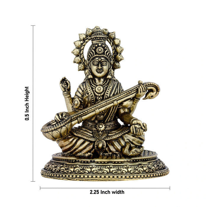 Saraswati Sitting On Base Murti - 0.5 x 2.25 Inches | Antique Brass Idol / Saraswathi Statue For Home & Pooja