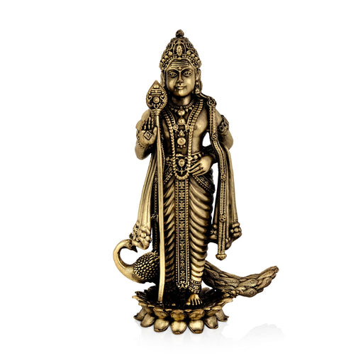 Peacock Murugan standing On Kamal Base Murti- 6 x 3.5 Inches|Antique Brass Idol/ Murugan Decor For Home & Pooja - Brass Murties