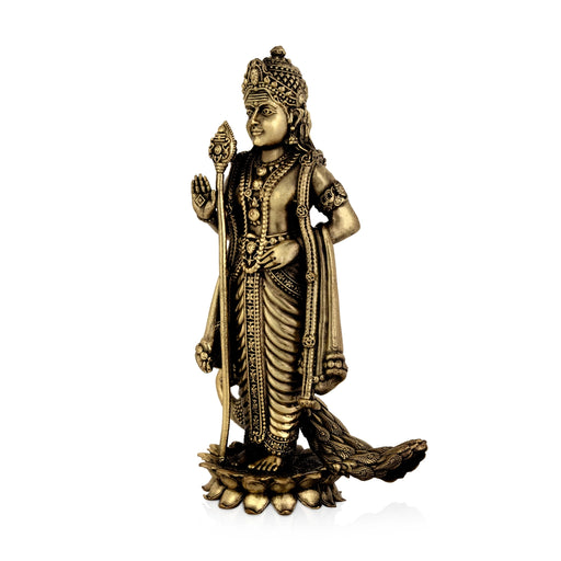 Peacock Murugan standing On Kamal Base Murti- 6 x 3.5 Inches|Antique Brass Idol/ Murugan Decor For Home & Pooja - Brass Murties