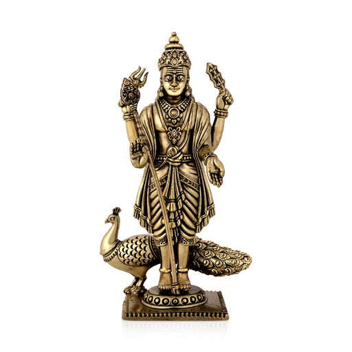 Peacock Murugan standing On Base Murti- 6 x 3.5 Inches|Antique Brass Idol/ Murugan Statue Decor For Home & Pooja - Brass Murties