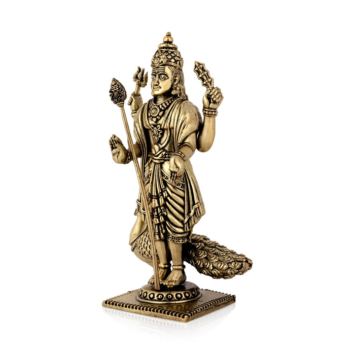 Peacock Murugan standing On Base Murti- 6 x 3.5 Inches|Antique Brass Idol/ Murugan Statue Decor For Home & Pooja - Brass Murties