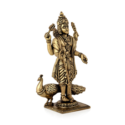 Peacock Murugan standing On Base Murti- 6 x 3.5 Inches|Antique Brass Idol/ Murugan Statue Decor For Home & Pooja - Brass Murties