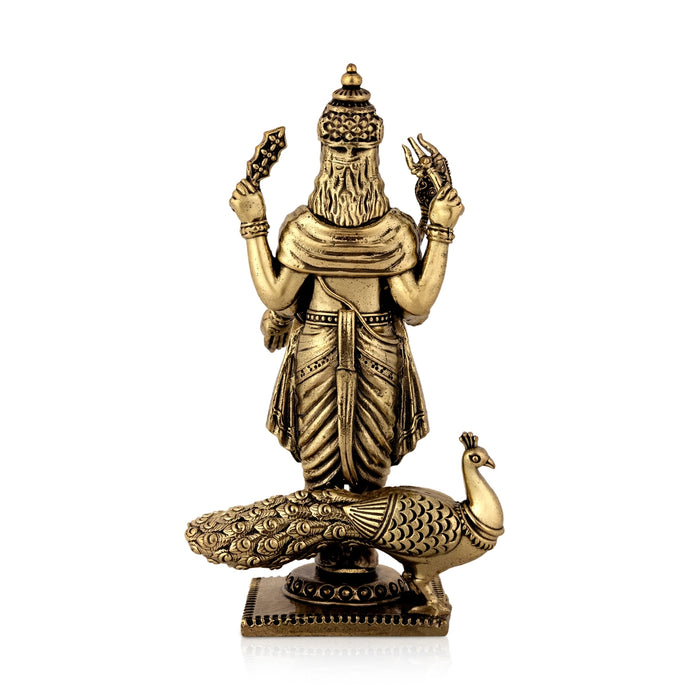 Peacock Murugan standing On Base Murti- 6 x 3.5 Inches|Antique Brass Idol/ Murugan Statue Decor For Home & Pooja - Brass Murties