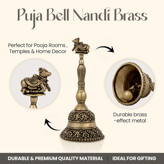 Hand Bell with Nandi Design Handle – 3.75 x 1.5 Inch | Brass Ghanti / Pooja Bell for Daily Rituals & Temple Use