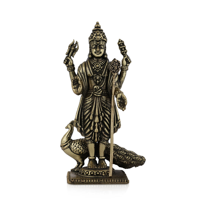 Peacock Murugan standing On Base Murti- 4 x 2 Inches|Antique Brass Idol/ Murugan Statue Decor For Home & Pooja - Brass Murties