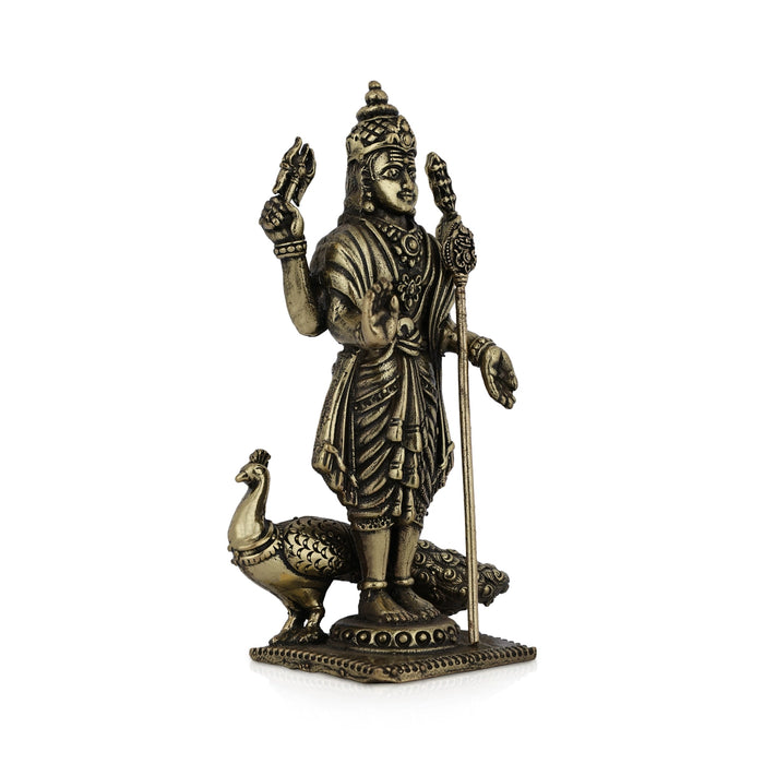Peacock Murugan standing On Base Murti- 4 x 2 Inches|Antique Brass Idol/ Murugan Statue Decor For Home & Pooja - Brass Murties