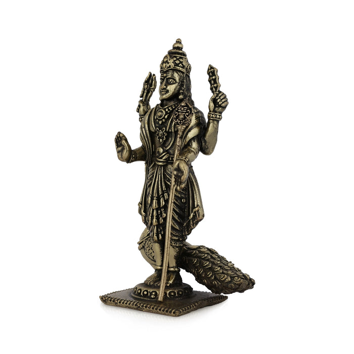 Peacock Murugan standing On Base Murti- 4 x 2 Inches|Antique Brass Idol/ Murugan Statue Decor For Home & Pooja - Brass Murties