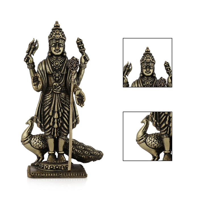 Peacock Murugan standing On Base Murti- 4 x 2 Inches|Antique Brass Idol/ Murugan Statue Decor For Home & Pooja - Brass Murties