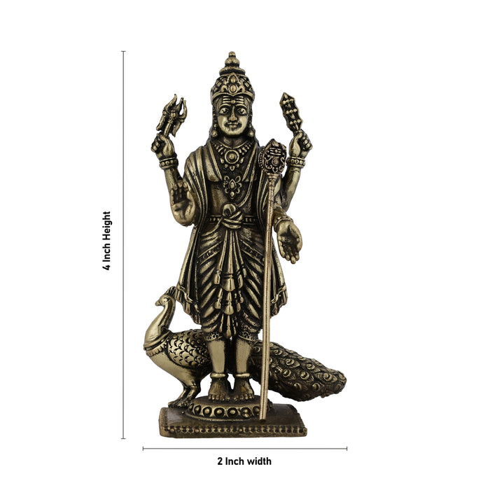 Peacock Murugan standing On Base Murti- 4 x 2 Inches|Antique Brass Idol/ Murugan Statue Decor For Home & Pooja - Brass Murties
