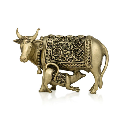 Cow With Calf Idol - 3.5 X 2.5 Inches | Brass Idol/ Kamdhenu Cow And Calf Statue For Home & Gifting