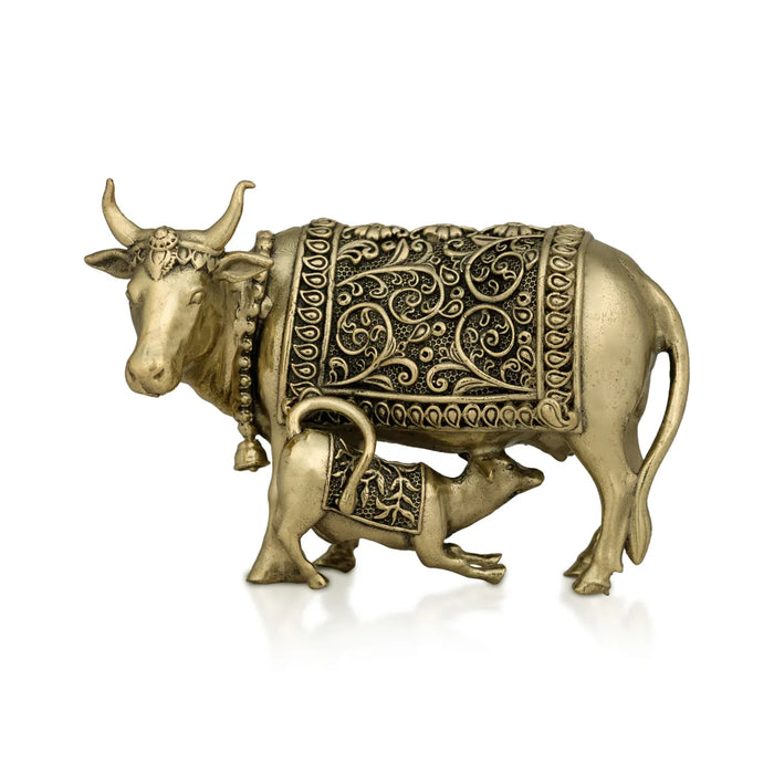 Cow With Calf Idol - 3.5 X 2.5 Inches | Brass Idol/ Kamdhenu Cow And Calf Statue For Home & Gifting