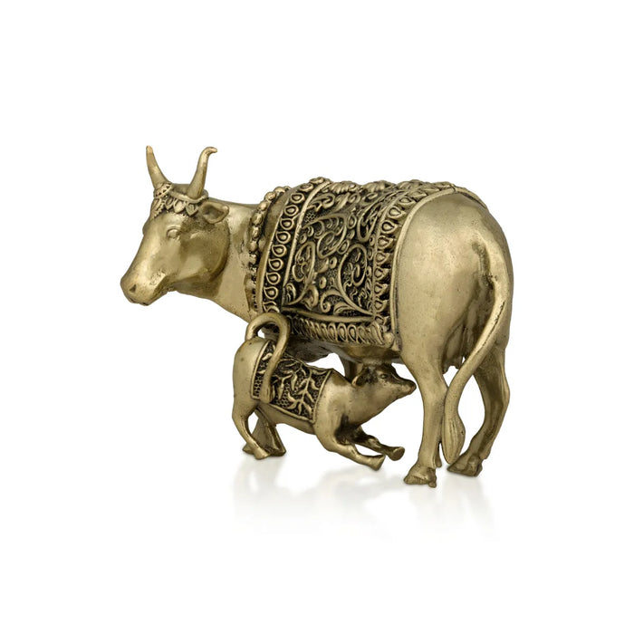 Cow With Calf Idol - 3.5 X 2.5 Inches | Brass Idol/ Kamdhenu Cow And Calf Statue For Home & Gifting