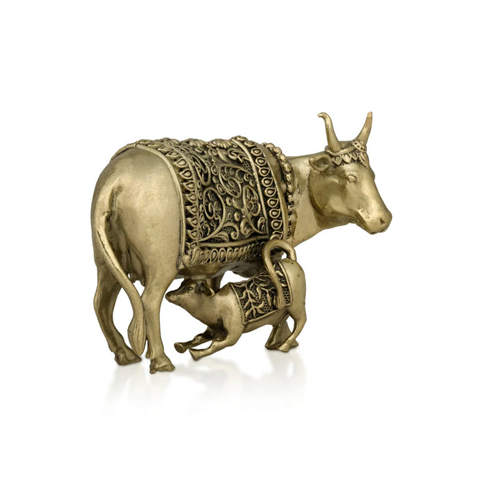 Cow With Calf Idol - 3.5 X 2.5 Inches | Brass Idol/ Kamdhenu Cow And Calf Statue For Home & Gifting