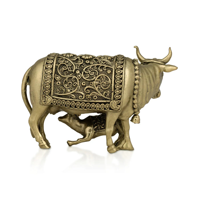 Cow With Calf Idol - 3.5 X 2.5 Inches | Brass Idol/ Kamdhenu Cow And Calf Statue For Home & Gifting