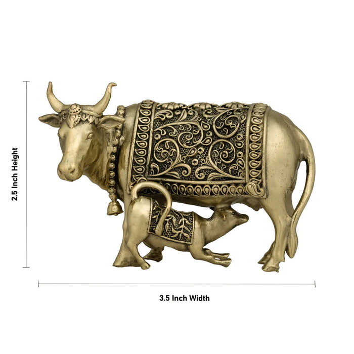 Cow With Calf Idol - 3.5 X 2.5 Inches | Brass Idol/ Kamdhenu Cow And Calf Statue For Home & Gifting