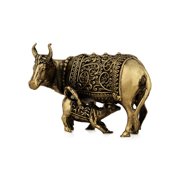 Cow & Calf Idol With Base - 2 x 3 inches | Antique Brass Idol / Kamadhenu Idol for Pooja - Brass Murties