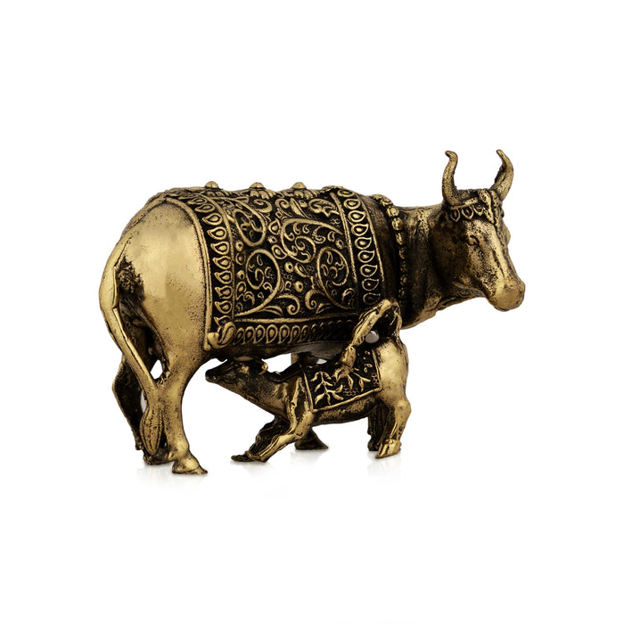 Cow & Calf Idol With Base - 2 x 3 inches | Antique Brass Idol / Kamadhenu Idol for Pooja - Brass Murties