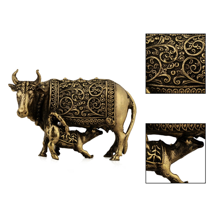 Cow & Calf Idol With Base - 2 x 3 inches | Antique Brass Idol / Kamadhenu Idol for Pooja - Brass Murties