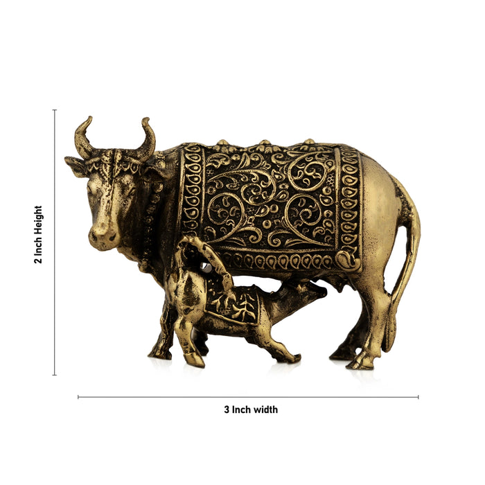 Cow & Calf Idol With Base - 2 x 3 inches | Antique Brass Idol / Kamadhenu Idol for Pooja - Brass Murties