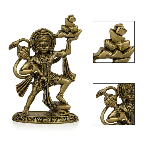 Hanuman Statue Lifting Sanjeevi Mountain Murti - 3.5 x 2.25 Inches | Antique Brass Idol/ Anjaneya Statue For Courage - Brass Murties