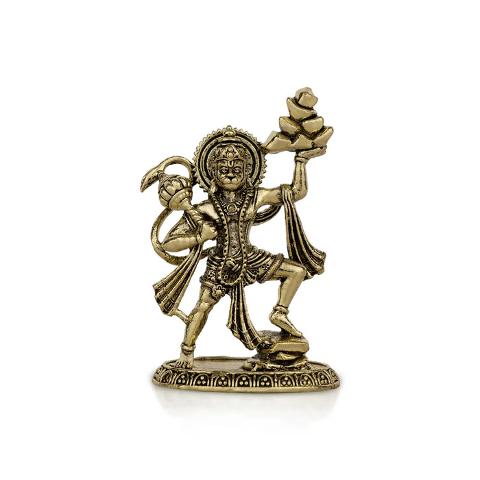 Hanuman Murti Lifting Sanjeevi Mountain – 3 X 1.75 Inches | Antique Brass Idol / Anjaneya Statue For Pooja Room