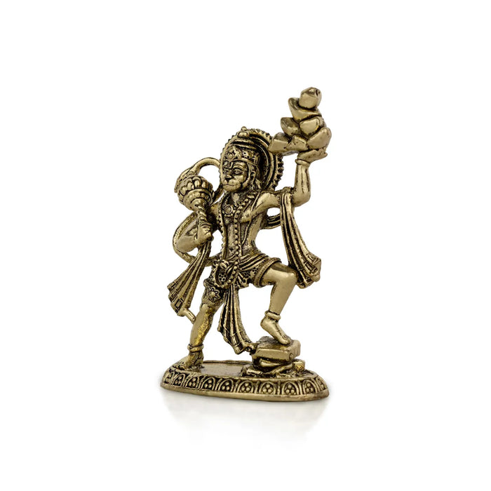 Hanuman Murti Lifting Sanjeevi Mountain – 3 X 1.75 Inches | Antique Brass Idol / Anjaneya Statue For Pooja Room