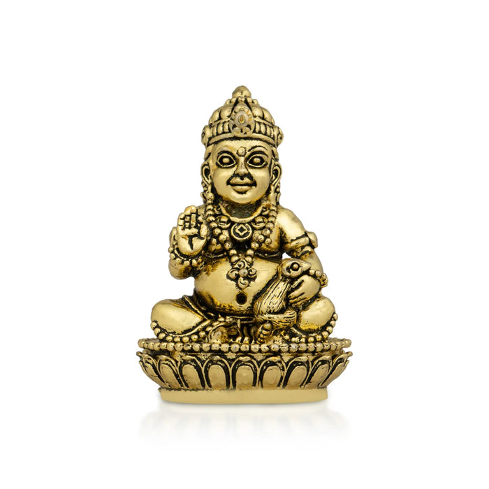 Kubera Statue Sitting On Base - 2 X 1 Inches | Antique Brass Idol/ Kuber Murti For Wealth And Prosperity