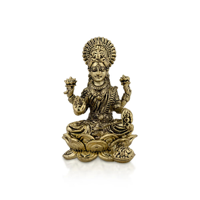 Lakshmi Murti Sitting on Lotus – 2.5 x 1.25 Inches / Brass Idol / Antique Finish Goddess Statue for Pooja & Decor