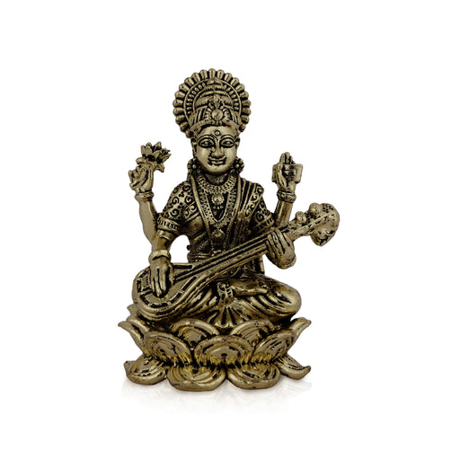 Saraswati sitting on Kamal Base Murti - 2.5 x 1.25 inches | Antique Brass Idol / Vagdevi with arch Statue for pooja - Brass Murties