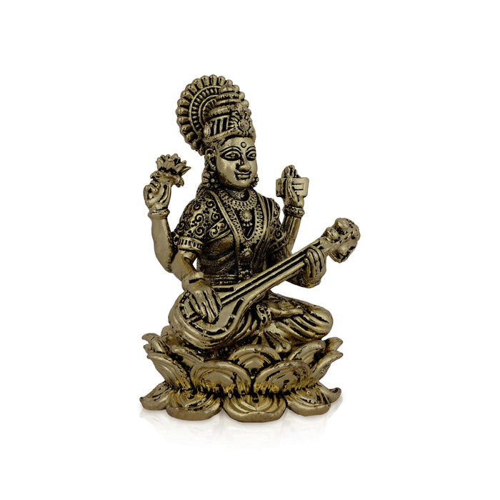 Saraswati sitting on Kamal Base Murti - 2.5 x 1.25 inches | Antique Brass Idol / Vagdevi with arch Statue for pooja - Brass Murties