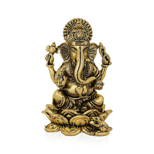 Ganesha Sitting On Lotus Base Murti - 2.5 x 1.5 Inches | Antique Brass Idol/ Vinayagar Sculpture For Home Decor - Brass Murties