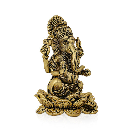 Ganesha Sitting On Lotus Base Murti - 2.5 x 1.5 Inches | Antique Brass Idol/ Vinayagar Sculpture For Home Decor - Brass Murties