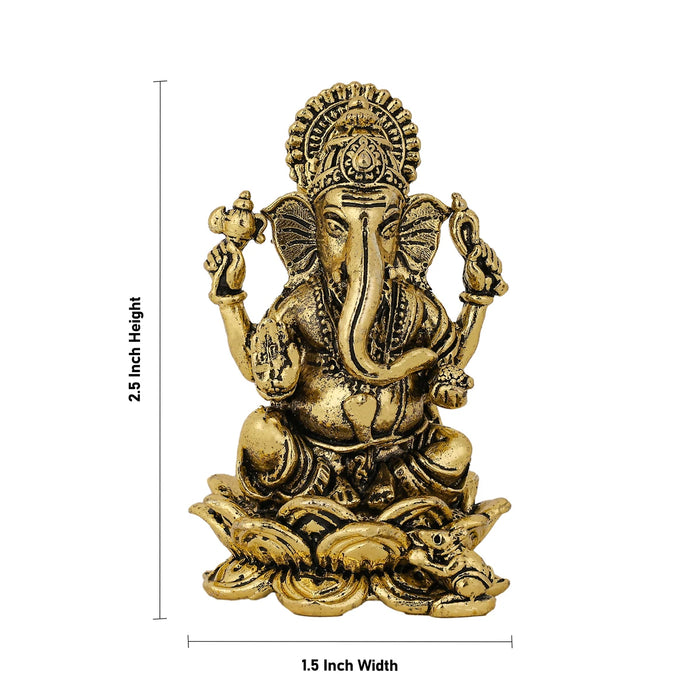 Ganesha Sitting On Lotus Base Murti - 2.5 x 1.5 Inches | Antique Brass Idol/ Vinayagar Sculpture For Home Decor - Brass Murties