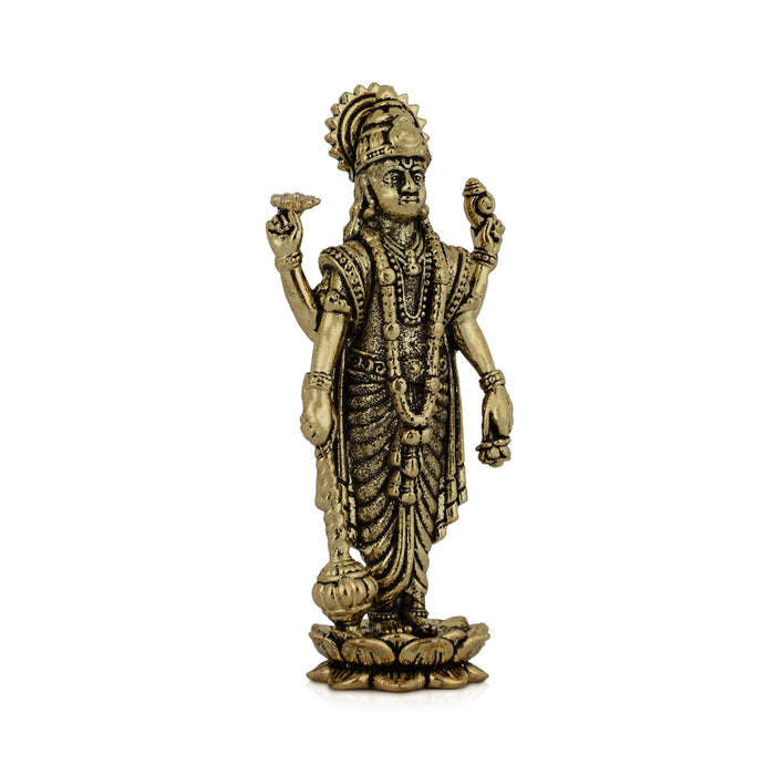 Vishnu Standing on Kamal Base Murti - 2.75 x 1 Inches | Antique Brass Statue / Perumal Idol / Narayana Statue - Brass Murties