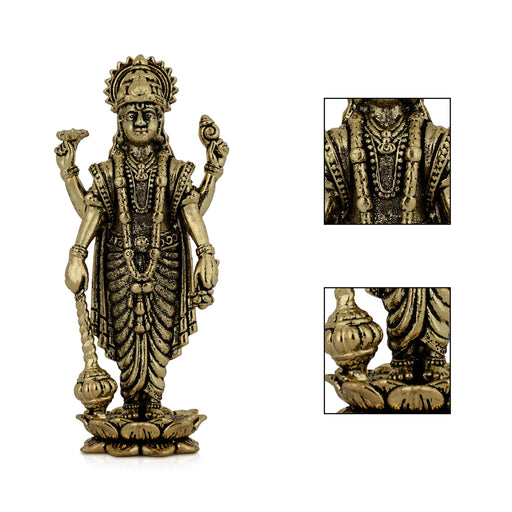 Vishnu Standing on Kamal Base Murti - 2.75 x 1 Inches | Antique Brass Statue / Perumal Idol / Narayana Statue - Brass Murties