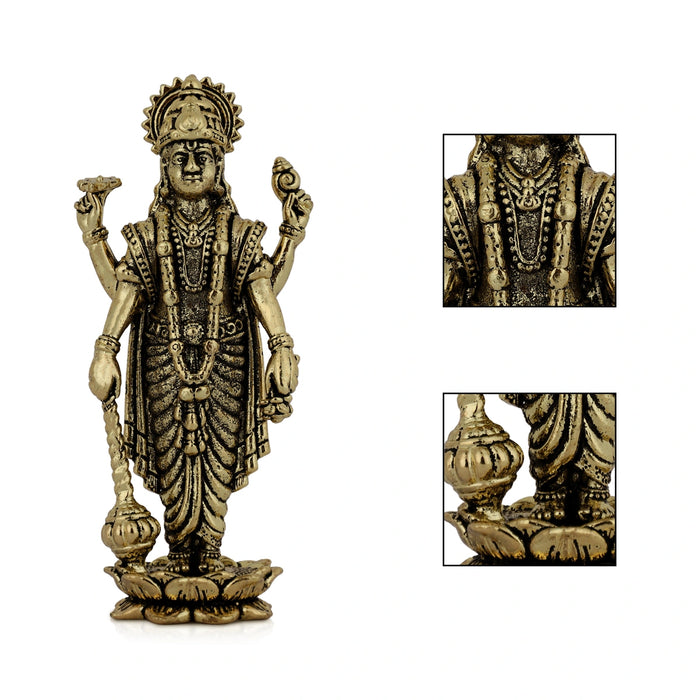 Vishnu Standing on Kamal Base Murti - 2.75 x 1 Inches | Antique Brass Statue / Perumal Idol / Narayana Statue - Brass Murties