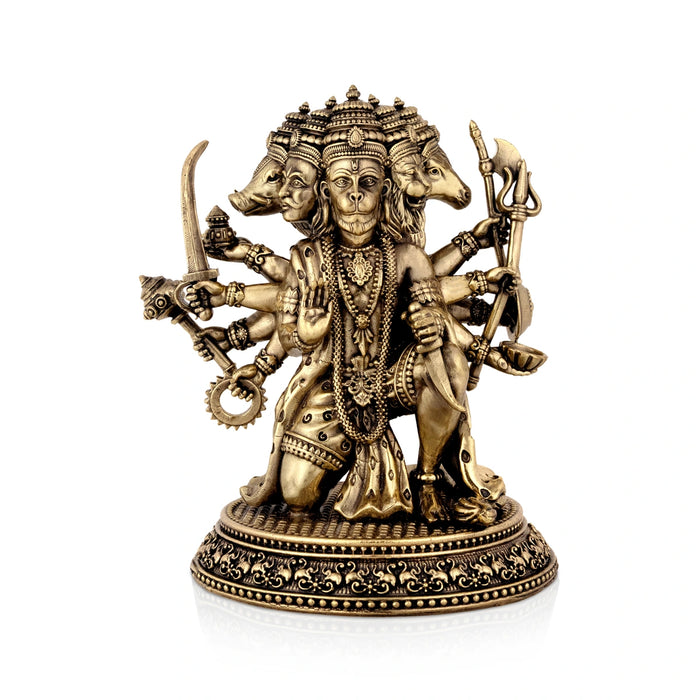 Panchamukha Hanuman Mandi On Base Murti -6 x 5 Inches | Antique Brass Statue/ Anjaneyar Sculpture For Home Decor - Brass Murties