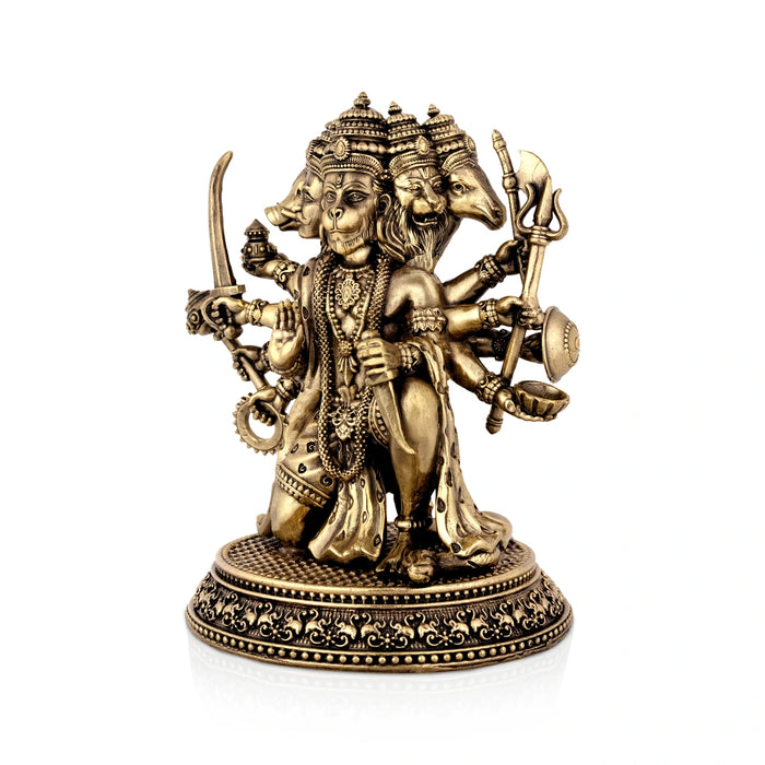 Panchamukha Hanuman Mandi On Base Murti -6 x 5 Inches | Antique Brass Statue/ Anjaneyar Sculpture For Home Decor - Brass Murties