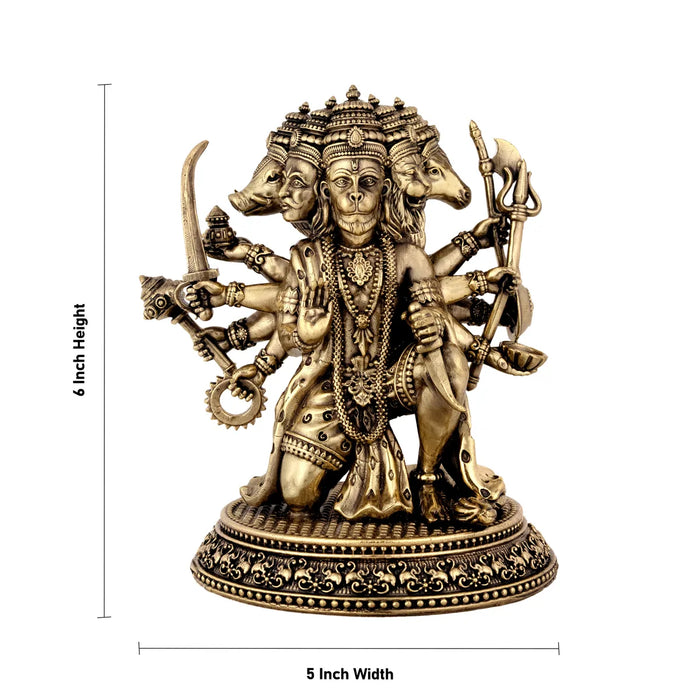 Panchamukha Hanuman Mandi On Base Murti -6 x 5 Inches | Antique Brass Statue/ Anjaneyar Sculpture For Home Decor - Brass Murties
