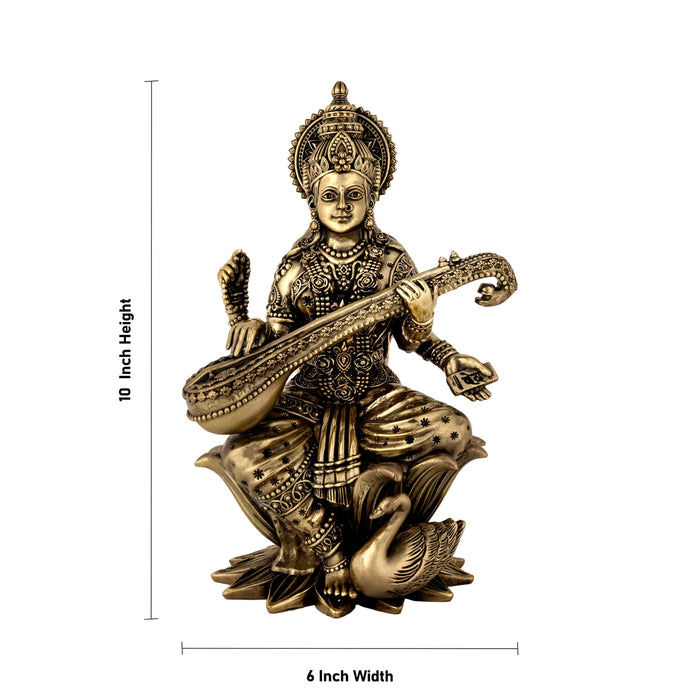 Saraswati sitting on Kamal Base Murti - 10 x 6 inches | Antique Brass Idol / Vagdevi with arch Statue for pooja - Brass Murties