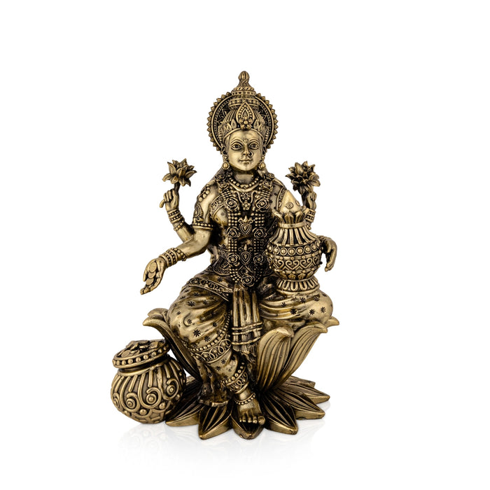 Lakshmi Sitting On Lotus Base Murti- 10 x 6 Inches| Antique Brass Idol/ Maha Laxmi Statue/ Decor For Home & Pooja - Brass Murties