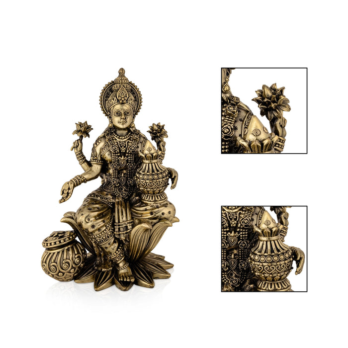 Lakshmi Sitting On Lotus Base Murti- 10 x 6 Inches| Antique Brass Idol/ Maha Laxmi Statue/ Decor For Home & Pooja - Brass Murties