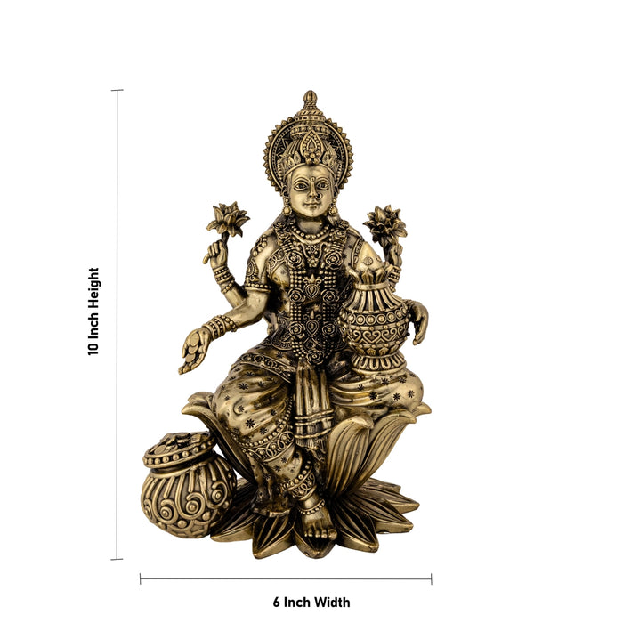 Lakshmi Sitting On Lotus Base Murti- 10 x 6 Inches| Antique Brass Idol/ Maha Laxmi Statue/ Decor For Home & Pooja - Brass Murties
