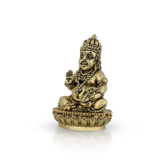Kubera Statue Sitting On Base - 3.5 X 2.5 Inches | Antique Brass Idol/ Kuber Murti For Wealth And Prosperity - Brass Murties
