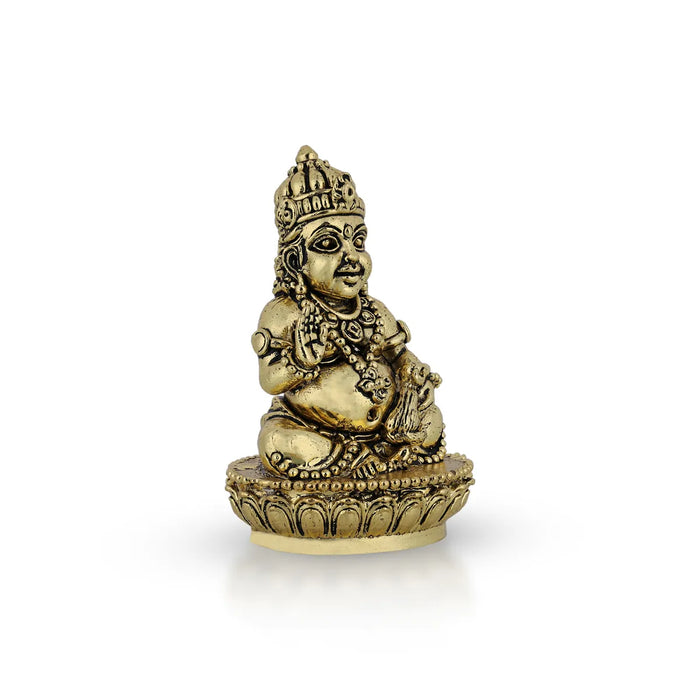 Kubera Statue Sitting On Base - 3.5 X 2.5 Inches | Antique Brass Idol/ Kuber Murti For Wealth And Prosperity - Brass Murties