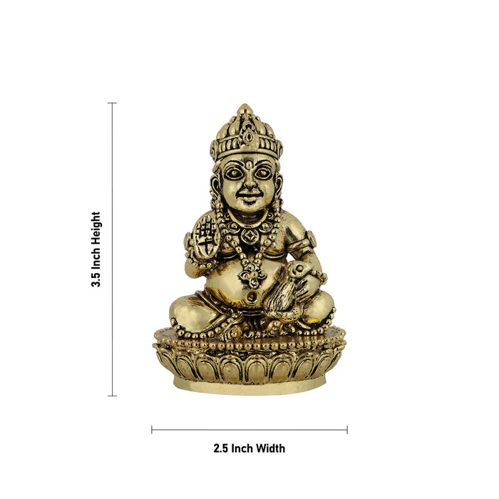 Kubera Statue Sitting On Base - 3.5 X 2.5 Inches | Antique Brass Idol/ Kuber Murti For Wealth And Prosperity - Brass Murties