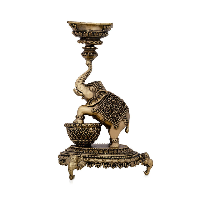 Elephant Deep With Chowki - 5.75 x 3.5 Inches | Antique Brass Vilakku/ Elephant Deep for Pooja