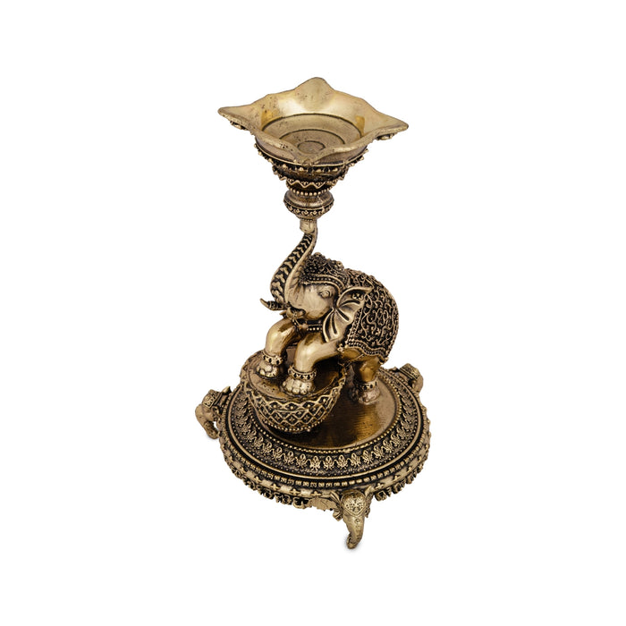 Elephant Deep With Chowki - 5.75 x 3.5 Inches | Antique Brass Vilakku/ Elephant Deep for Pooja