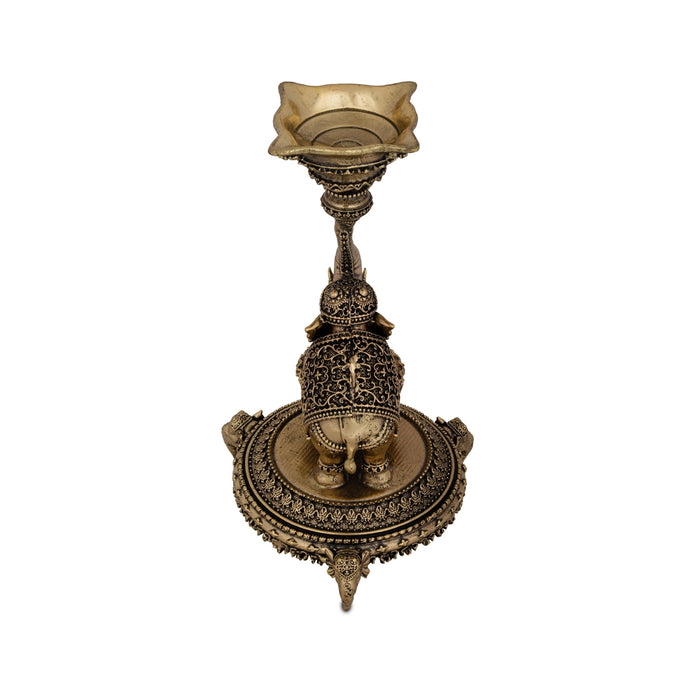 Elephant Deep With Chowki - 5.75 x 3.5 Inches | Antique Brass Vilakku/ Elephant Deep for Pooja